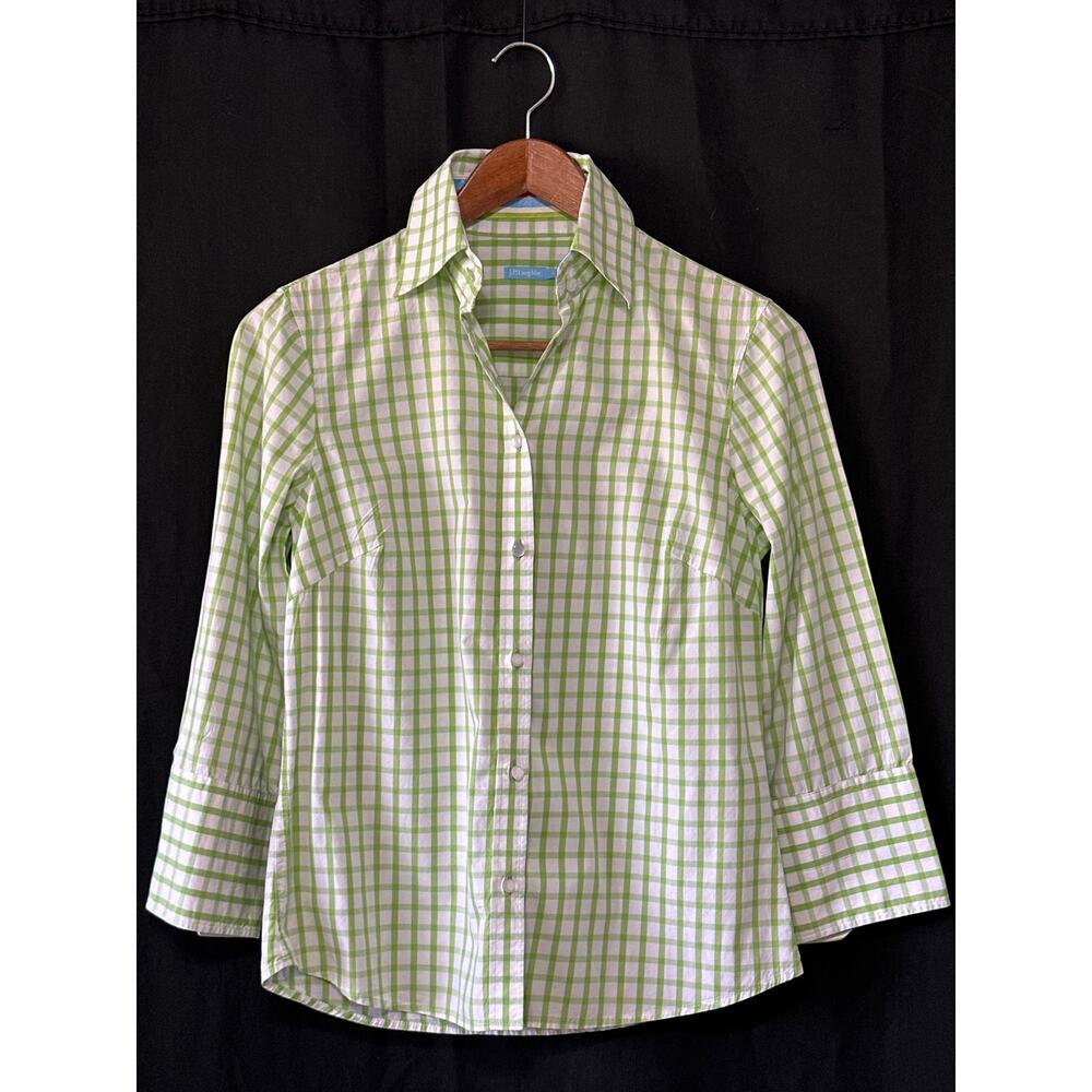 J.McLaughlin Checkered Button Up Shirt Sz 0 Pistachio Green Designer Luxury